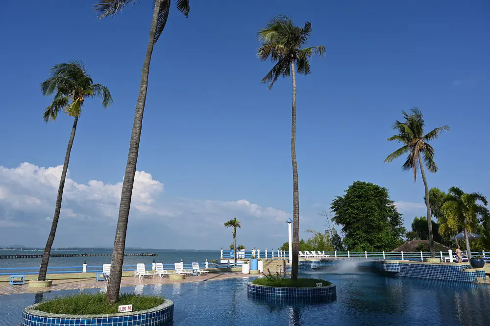 Hồ bơi lát gạch xanh với các đảo dừa nhỏ, ghế nằm trắng và biển lặng phía sau